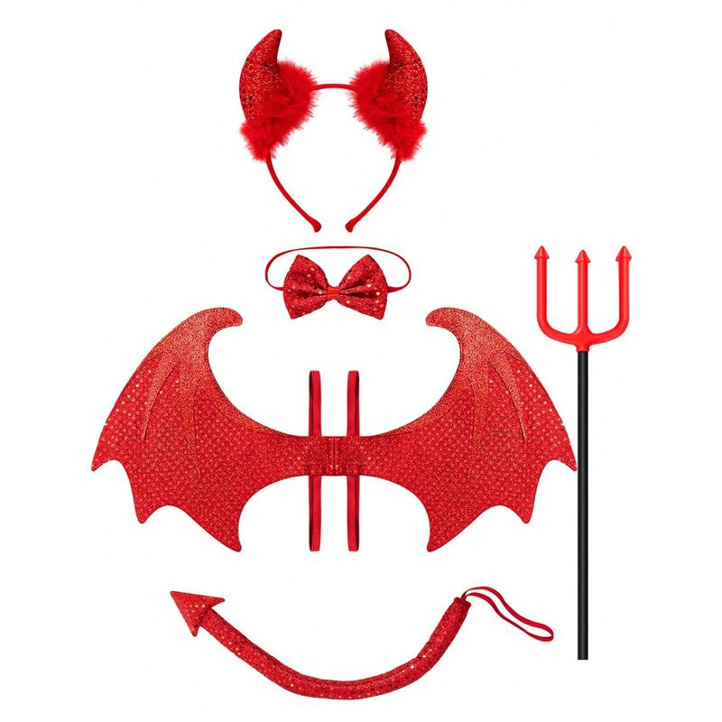 FASHION   SYNCFUN 5 Pcs Devil Halloween Costume Set With Red Devil Wings, Devil Pitchfork, Bow Tie, Sequin Devil Horn Headband, And Devil Tail Devil Costume Accessories For Cosplay Party