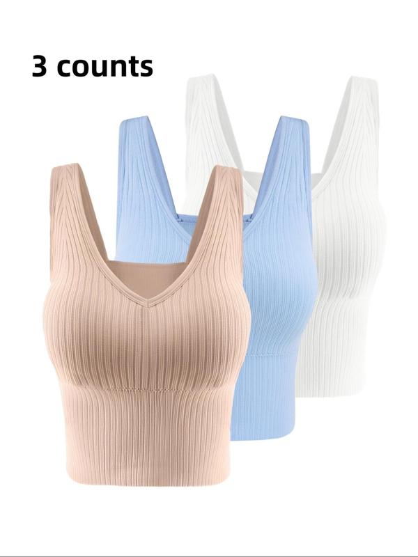 Women's Solid Ribbed V Neck Crop Tank Top with Removable Chest Pad Design, Crop Tops, Casual Breathable Comfortable Sleeveless Cropped Top for Daily Wear,  Cute Crop Tops,  Ladies Clothes for All Seasons