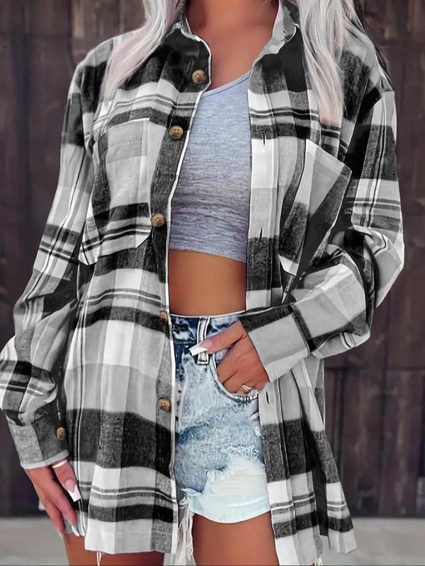  Plaid Print Button Front Shirt, Casual Long Sleeve Pocket Collared Top for Fall & Winter, Women's Clothes for Daily Wear