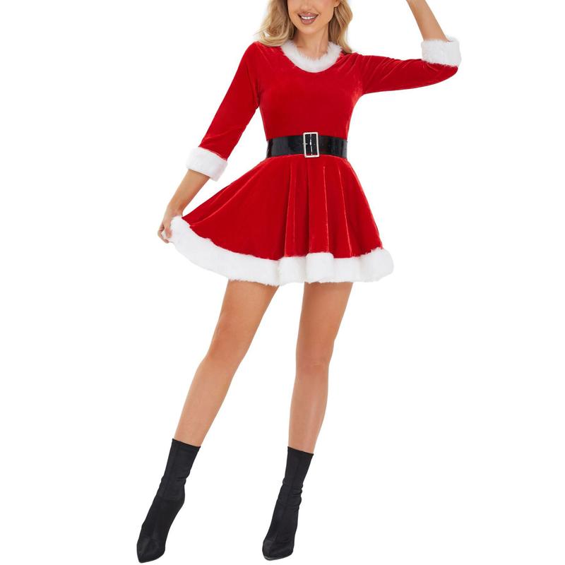 Women Christmas Dress, Santa Cosplay Dress, Plush Trim Velvet Round Neck 3 4 Sleeve Belt Dress with Hat Costume, Lady's Party Dress for Christmas, Ladies Clothes for Womenwear