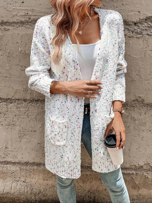 Women's All Over Print Pocket Drop Shoulder Cardigan, Casual Long Sleeve Open Front Knitwear for Daily Wear, Ladies Clothes for All Seasons, Going Out Outfits 2024, Cardigan for Women