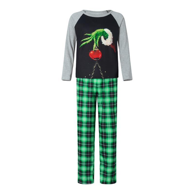 Christmas Family Pajamas Matching Set, Long Sleeve Elf Hand Print Tops with Plaid Pants Sleepwear Loungewear Crewneck Womenswear Clothing Light