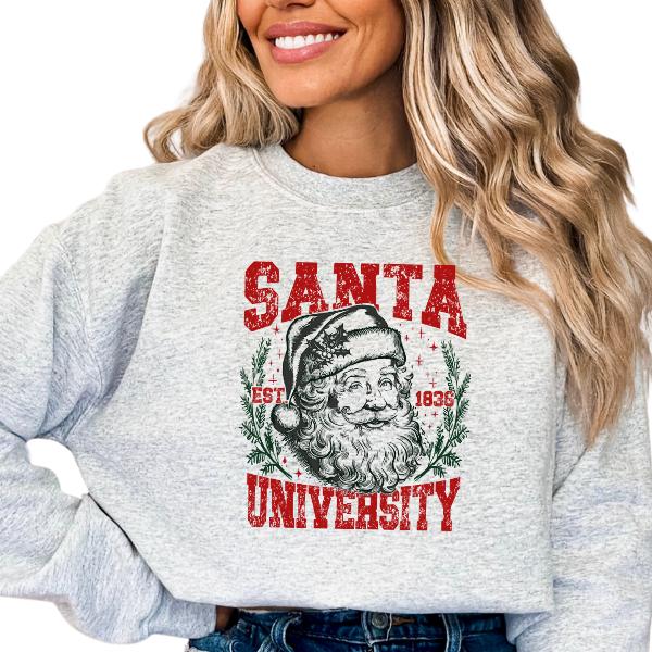 Classic Santa Claus Sweatshirt - 'Santa University' Design | Festive & Vintage-Inspired Holiday Apparel | Cozy and Stylish Sweatshirt for Christmas Spirit | Perfect for Winter Celebrations | Unisex Sizing Available Up to 5XL | Timeless Christmas Vibes