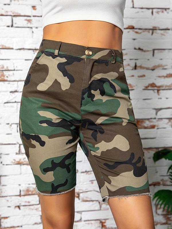 Women's Camo Print Button Pocket Raw Hem Shorts, Lady Casual Comfort Street Zipper Design Shorts for Summer, Ladies Bottoms for Daily Wear, Womenswear