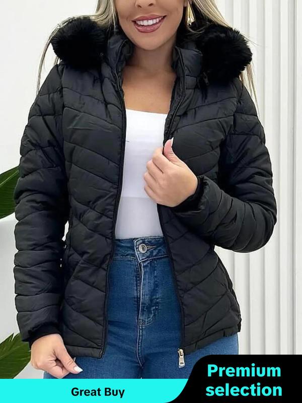 Women's Contrast Faux Fur Trim Zip Up Hooded Jacket, Casual Long Sleeve Pocket Zipper Outerwear for Winter, Ladies Clothes for Daily Wear