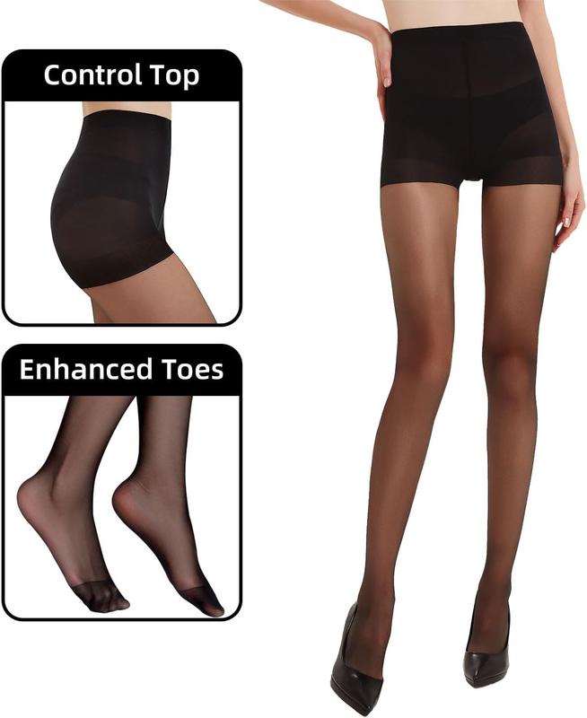 3 Pairs Black Sheer Tights for Women - 20D Not Rip Control Top Pantyhose with Reinforced Toes - Resist Tears