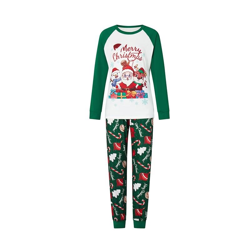 Green Matching Christmas Pajamas For Family Long Sleeve Santa Snowman Reindeer Print Tops + Pants Set Winter Sleepwear