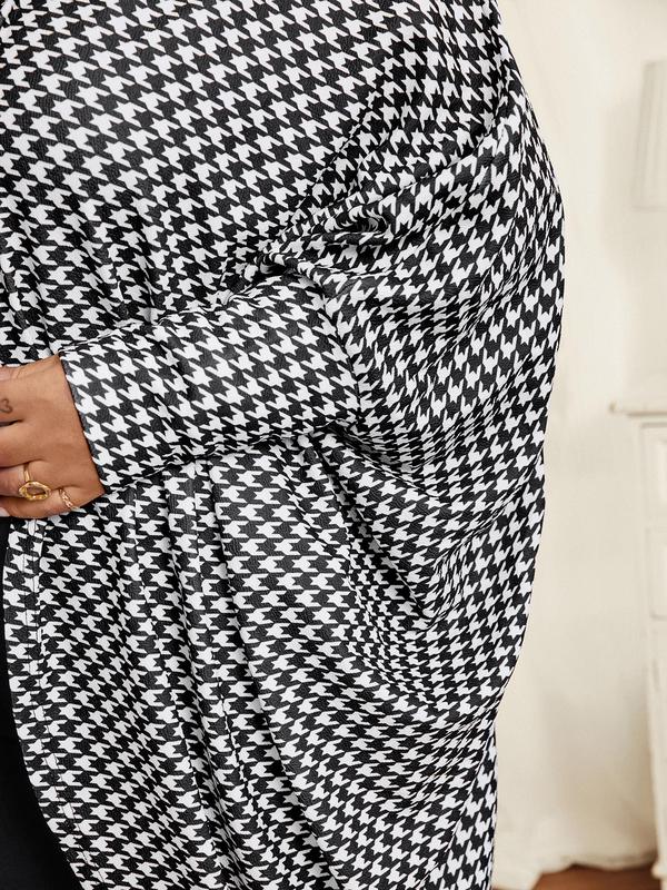 Black Friday Deals CURVZY Plus Size Houndstooth Print Batwing Sleeve Open Front Jacket, Casual Long Sleeve Outerwear for Daily Wear, Christmas 2024 Trend,Thanksgiving Clothing,Fall Clothing,Winter Clothing