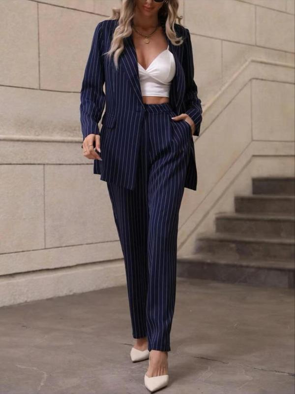 Two-Piece Set Women's Striped Print Lapel Neck Blazer & Pocket Suit Pants, Elegant Fashion Outfits for Work Office Business, Ladies Fall & Winter Clothes