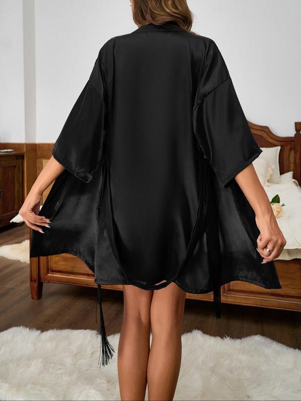 Women's Solid Fringe Trim Belted Satin Lounge Robe, Casual Drop Shoulder 3 4 Sleeve Lounge Robe, Ladies Sleepwear for All Seasons