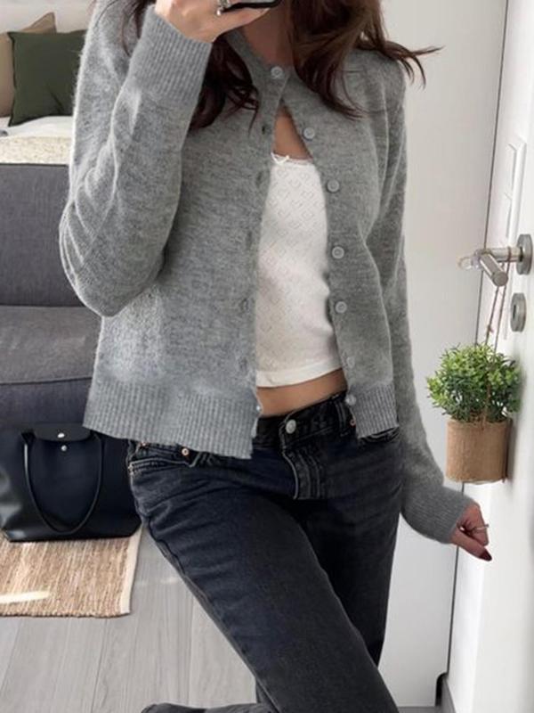 Women's Plain Button Front  Cardigan, Casual Long Sleeve Round Neck Knitwear for Fall & Winter, Fashion Women's Knit Clothing for Daily Wear