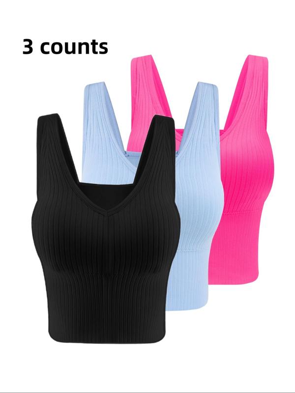 Women's Solid Ribbed V Neck Crop Tank Top with Removable Chest Pad Design, Crop Tops, Casual Breathable Comfortable Sleeveless Cropped Top for Daily Wear,  Cute Crop Tops,  Ladies Clothes for All Seasons