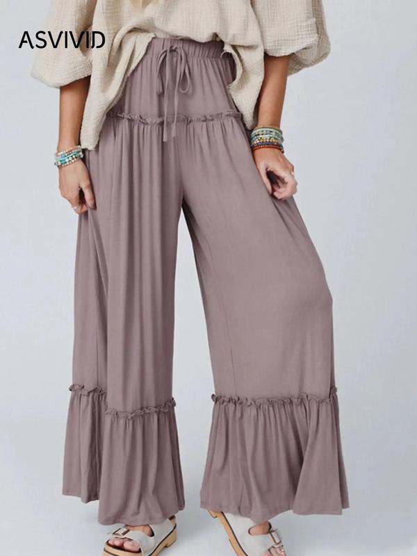 Women's Plain Drawstring Frill Trim Wide Leg Pants, Pants for Women, Casual High Waist Trousers, Baggy Pants for Women, Ladies Casual Summer Bottoms for Daily Wear, Preppy 80s Clothes