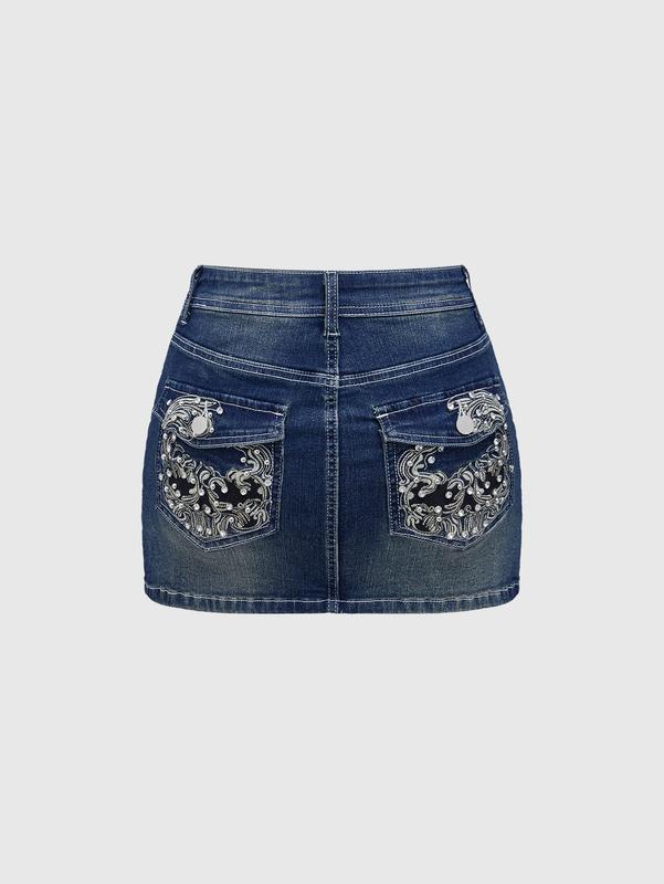 ROMWE Grunge Punk Y2K Style Ladies' Mini Denim Skirt (With Shorts), With Skull Head Embroidery, Bead And Contrast Stitching, And High Elasticity, School