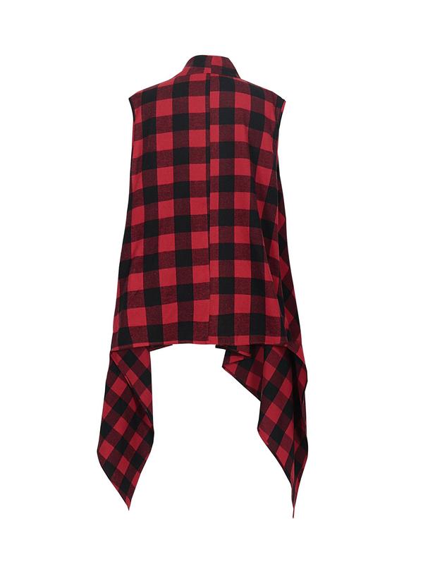 Plus Size Plaid Print Exaggerated Ruffle Trim Open Front Waistcoat, Casual Sleeveless Long Outerwear For Fall & Winter, Women's Clothes For Daily Wear, Fall Clothing