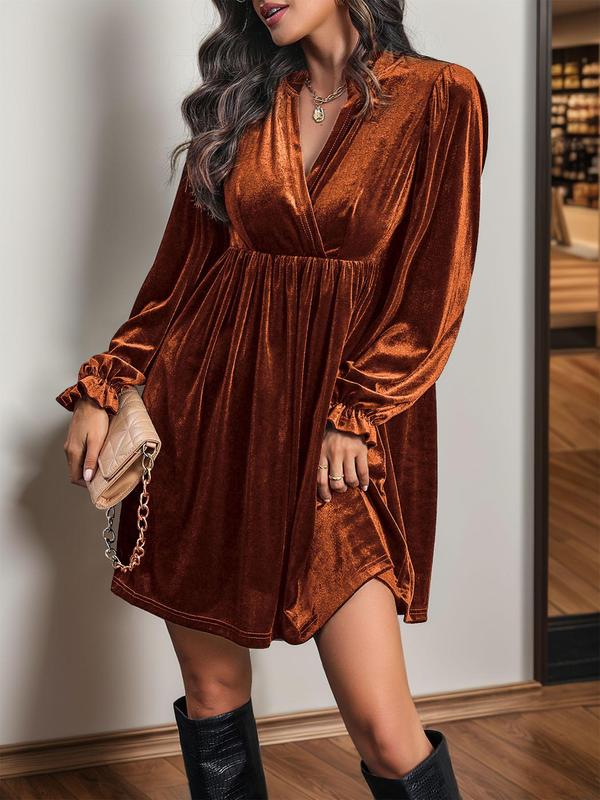 Women's Velvet Wrap V Neck Flounce Sleeve Dress, Casual Ruffle Trim Frill Trim A Line Short Dress for Fall & Winter, Women's Clothing for Daily Wear