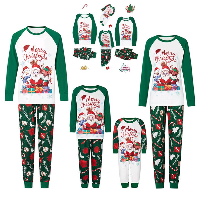 Green Matching Christmas Pajamas For Family Long Sleeve Santa Snowman Reindeer Print Tops + Pants Set Winter Sleepwear