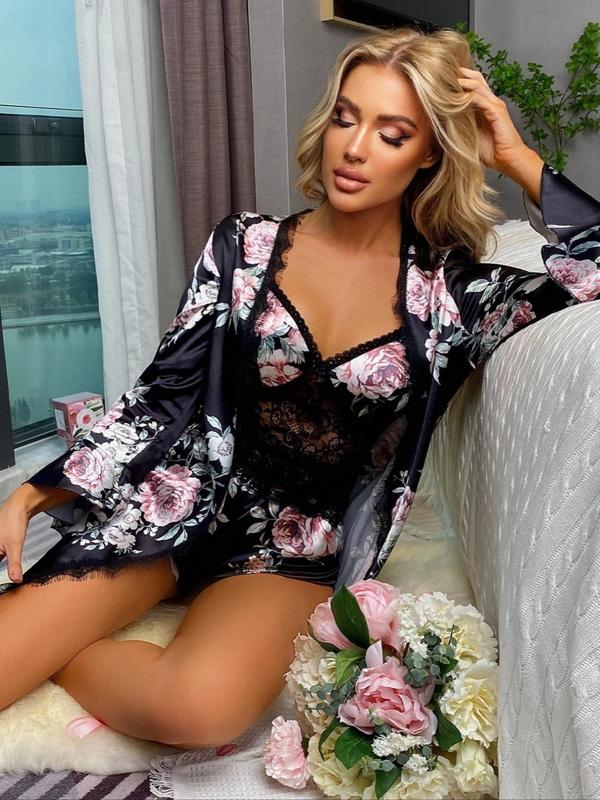 Women's Floral Print Contrast Lace Robe without Pyjamas Set, Chic Flounce Sleeve Belted Dressign Gown, Ladies Sleepwear For Spring & Fall