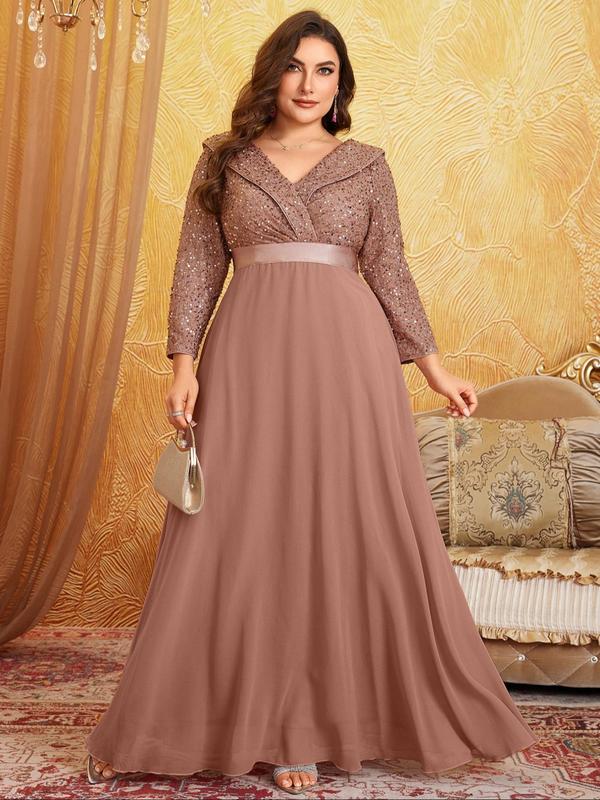  Glitter Contrast Sequin Collared Chiffon Evening Dress, Elegant Long Sleeve Maxi Dress for Party & Banquet, Women's Clothes for All Seasons