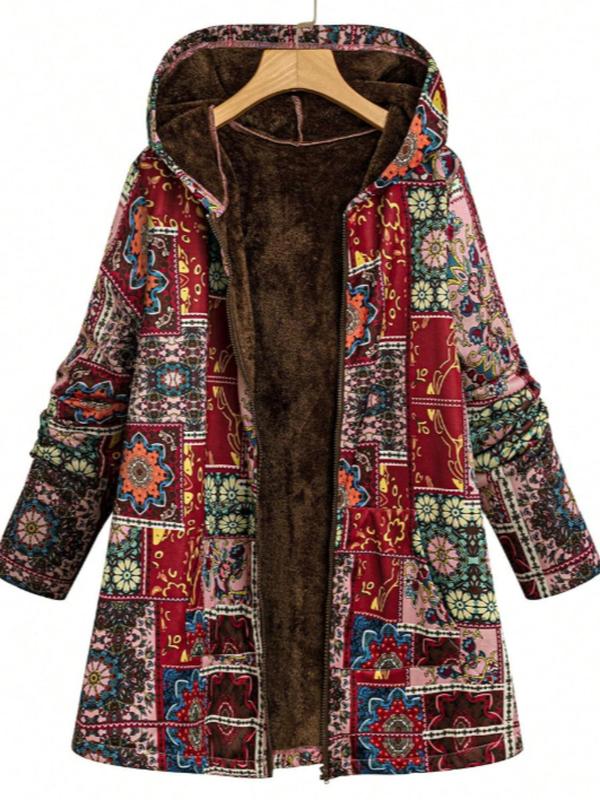  Women's All Over Ethnic Pattern Print Pocket Zip Up Long Sleeve Hooded Coat, Casual Thermal Lined Outerwear for Fall & Winter, Women's Clothes for Daily Wear