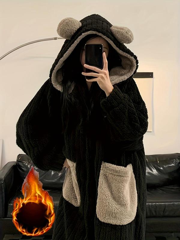 Women's Patchwork Bear Ear Design Button Front Coral Fleece Hooded Bathrobe, Casual Long Sleeve Pocket Design Robe, Women's Sleepwear for Fall & Winter