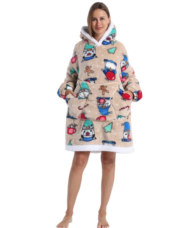 Women's Christmas Themed All Over Print Drop Shoulder Hooded Lounge Dressing Gown, Casual Long Sleeve Pocket Design Flannel Dressing Gown, Ladies Sleepwear for Fall & Winter