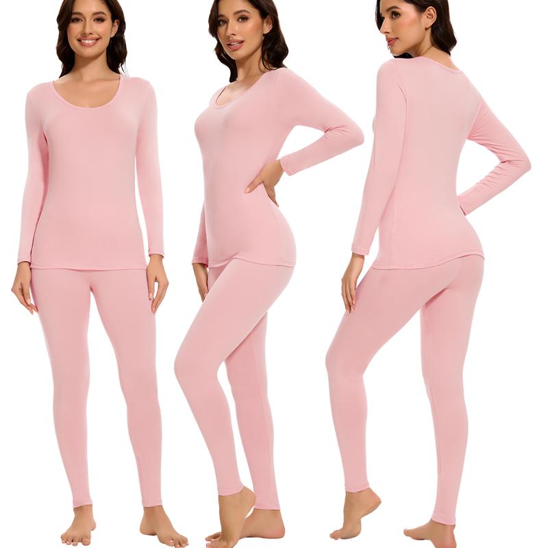 Two-Piece Women's Thermal Underwear Set, Lightweight Ultra Soft Long Sleeve Top & Leggings Long Johns Base Layer Set For Fall & Winter, Women's Sleepwear For Indoor Wear Fabric Womenswear