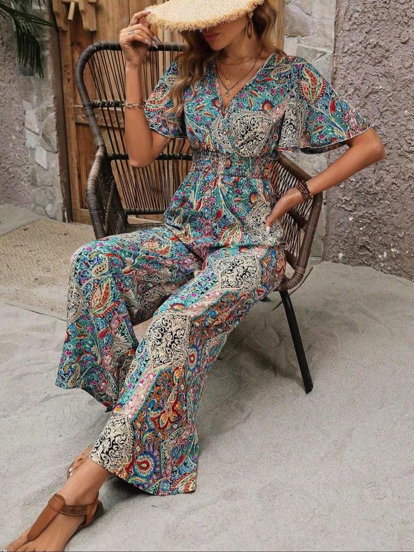 Women's Paisley Print Shirred Wrap Jumpsuit, Boho Butterfly Sleeve V Neck Jumpsuit for Summer, Women's Clothes for Beach Holiday Vacation