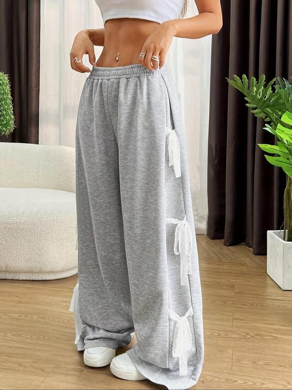 Women's Plain Bow Decor Wide Leg Sweatpants, Casual Elastic Waist Pocket Trousers for Daily Wear, Ladies Bottoms for All Seasons