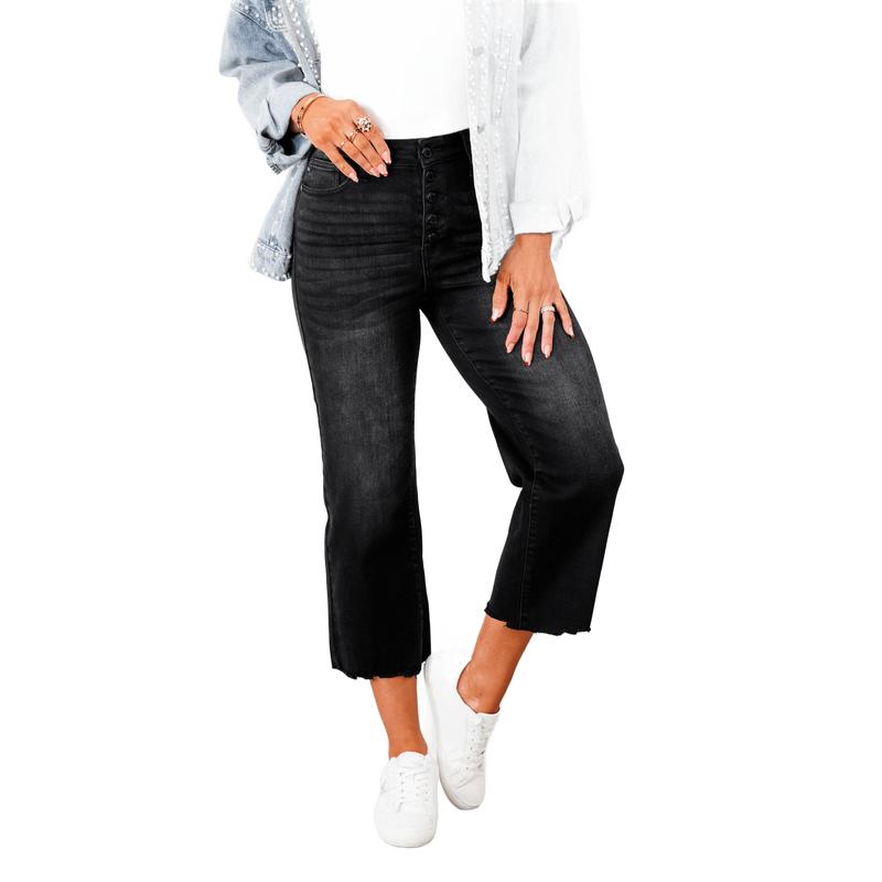 Judy Blue Black High Rise Distressed Raw Hem Cropped Wide Leg Jeans