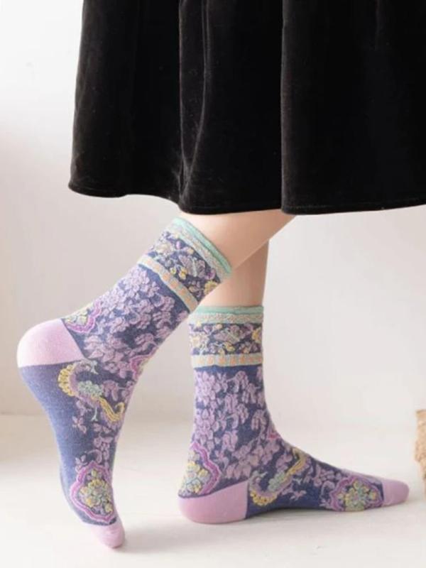 Women's Multicolored Floral Jacquard Crew Socks, Casual Comfort Cozy Mid-tube Socks for Daily Outdoor Wear, Women's Socks for Fall & Winter, Socks for Women