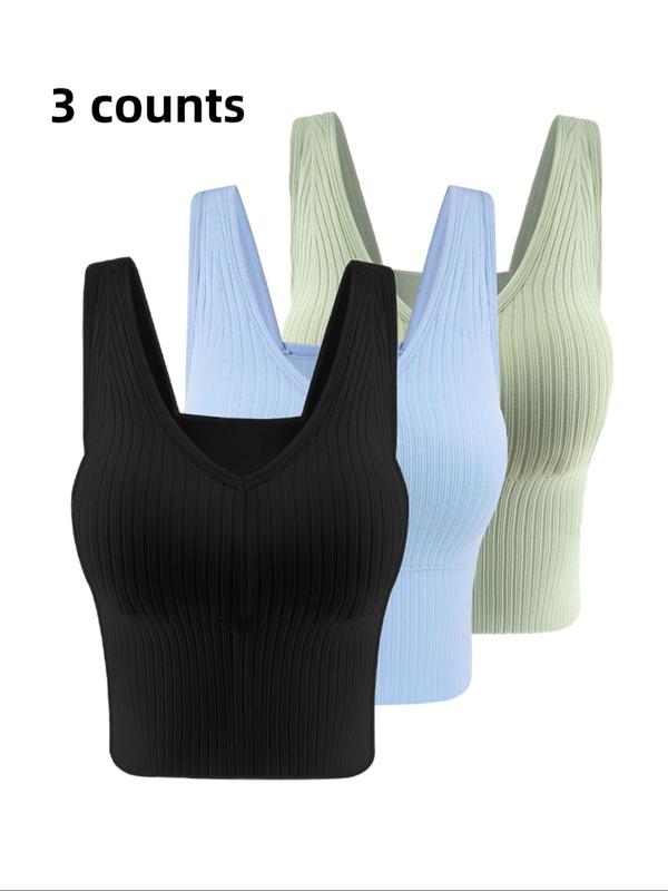 Women's Solid Ribbed V Neck Crop Tank Top with Removable Chest Pad Design, Crop Tops, Casual Breathable Comfortable Sleeveless Cropped Top for Daily Wear,  Cute Crop Tops,  Ladies Clothes for All Seasons