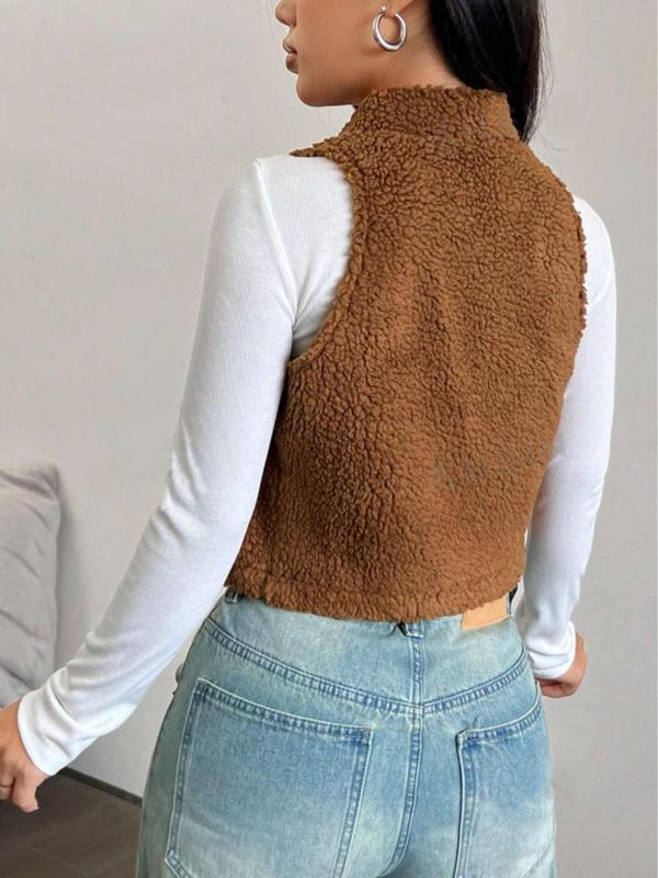 Women's Solid Funnel Neck Zip Up Crop Vest Jacket, Casual Plush Waistcoat for Women for Fall & Winter, Women's Clothing for Daily Wear, Fall Outfits, Fallfreshness Clothes