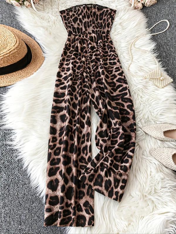 Women's Leopard Print Shirred Wide Leg Jumpsuit, Casual Sleeveless Tube Jumpsuit for Vacation Holiday, Ladies Clothes for All Seasons