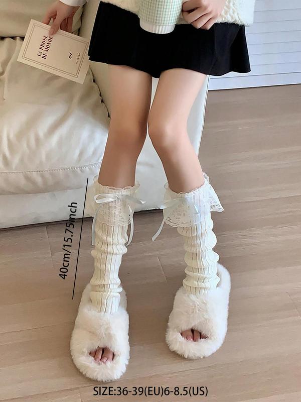 Women's Cute Bow Decor Contrast Lace Ruffle Leg Warmers, Korean Outfits, 1 Pair Fashion Romantic Leg Warmers for Daily Wear, Women's Socks for All Seasons, Korean Streetwear