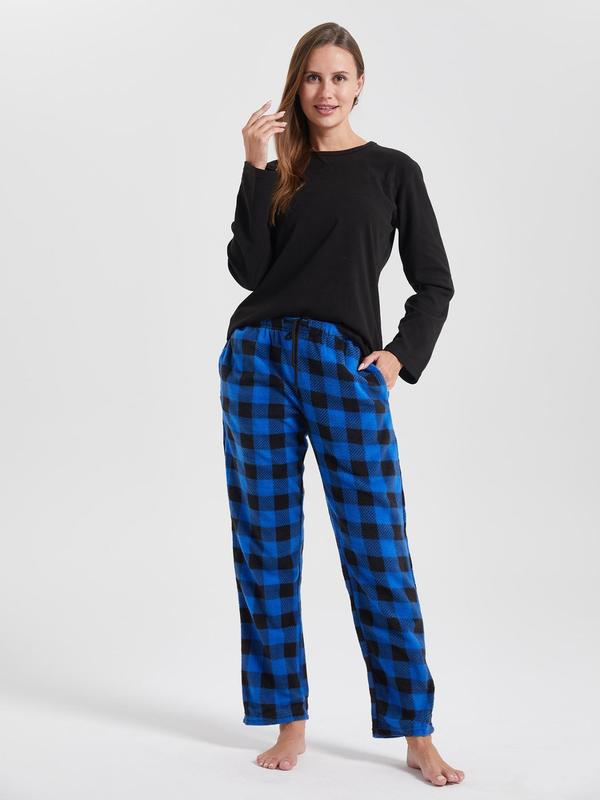 Christmas Couple's Solid Round Neck Sleep Top & Plaid Print Pocket Drawstring Sleep Pants, Casual Comfy Long Sleeve Top &  Elastic Waist Trousers for Daily Wear, Soft Comfy Sleepwear for Spring & Fall