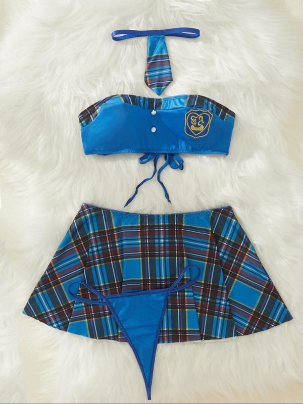 Women's Plaid Print Embroidering Sexy Lingerie Costumes Set, Sexy Tie Back Bandeau Bra & Thong & Pleated Skirt & Tie Set, Ladies Sexy Lingerie Set