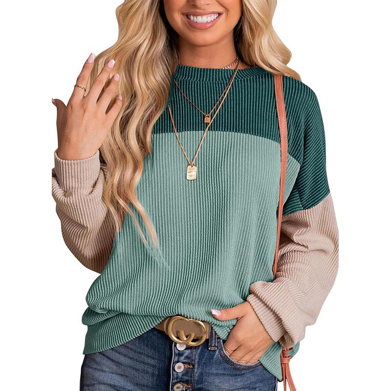 Womens Fashion New Color Block Long Sleeve Crewneck Knitted Casual Loose Pullover Shirts Tops