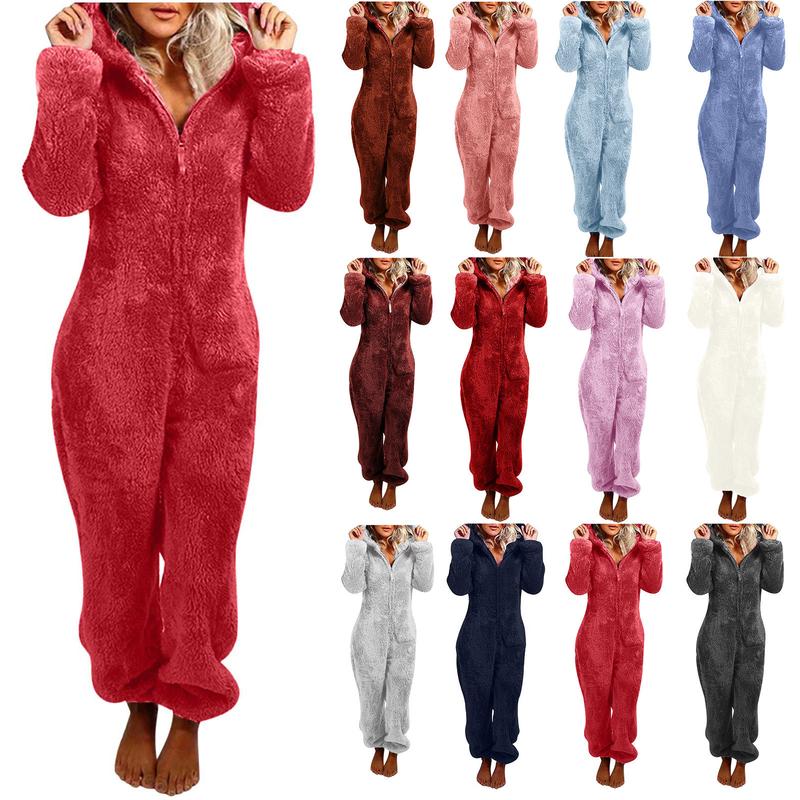 Women Onesies Fluffy Fleece Jumpsuits Sleepwear Plus Size Hood Sets Pajamas for Adult Winter Warm Pajamas Homewear