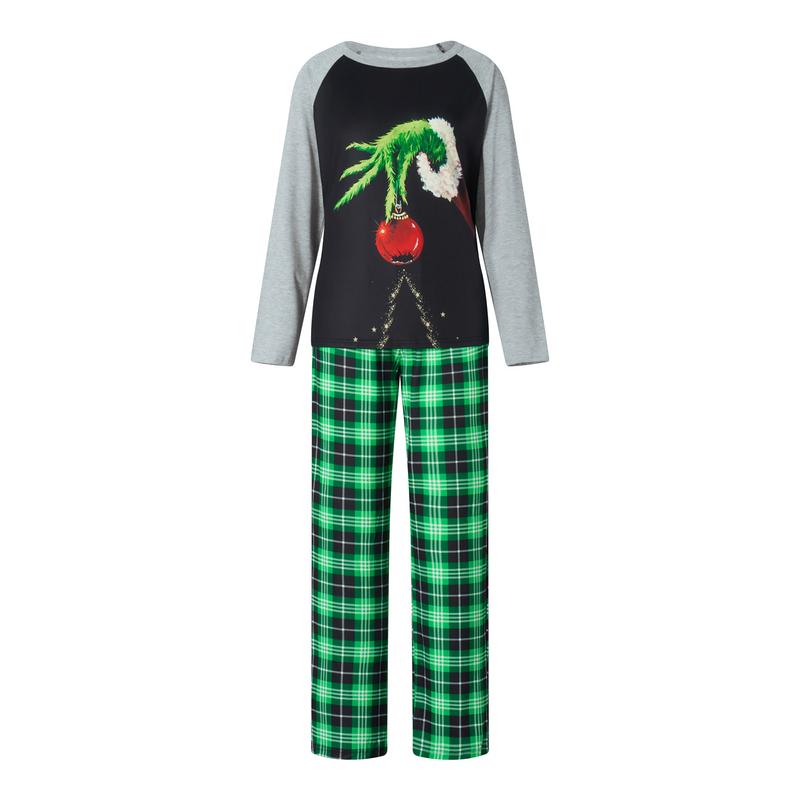 Christmas Family Pajamas Matching Set, Long Sleeve Elf Hand Print Tops with Plaid Pants Sleepwear Loungewear Crewneck Womenswear Clothing Light