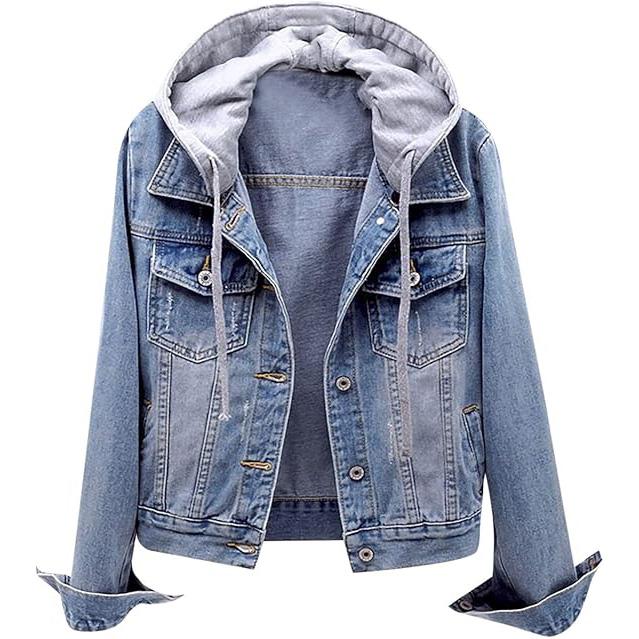 Women's Casual Detachable Hoodie Denim  Buttons Jacket Coats with Detachable Hood,regular Jackets Cotton Jean