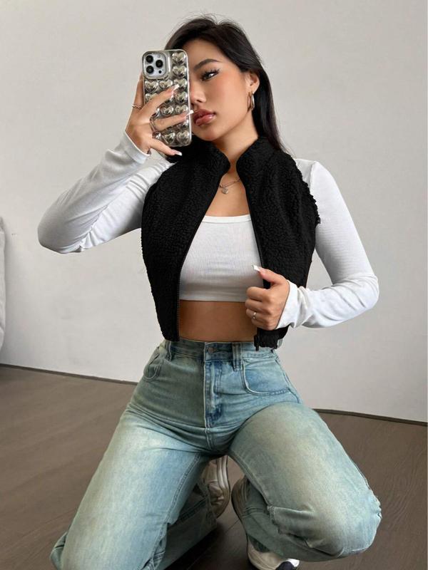 Women's Solid Funnel Neck Zip Up Crop Vest Jacket, Casual Plush Waistcoat for Women for Fall & Winter, Women's Clothing for Daily Wear, Fall Outfits, Fallfreshness Clothes