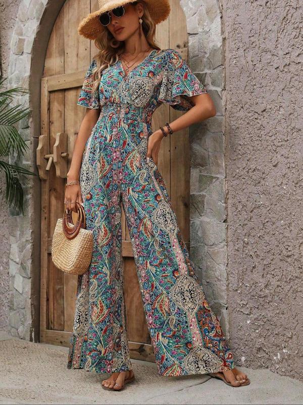 Women's Paisley Print Shirred Wrap Jumpsuit, Boho Butterfly Sleeve V Neck Jumpsuit for Summer, Women's Clothes for Beach Holiday Vacation