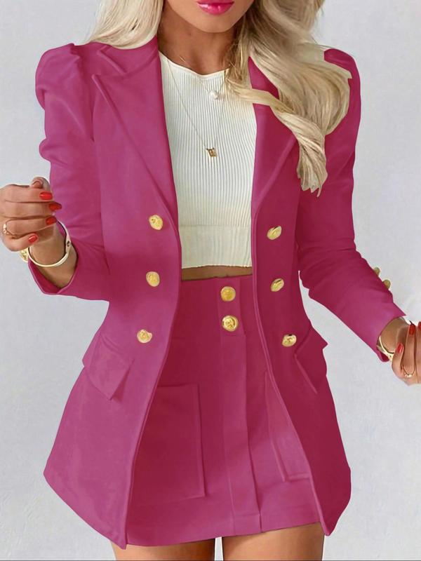 Two-Piece Set Women's Solid Fake Buttons Decor Puff Sleeve Blazer & High Waist Pocket Skirt Two-piece Set without Inner Top, Lapel Long Sleeve Blazer & Skirt Y2k Set for Work Office Business, Ladies Summer Clothes, Going Out Outfits