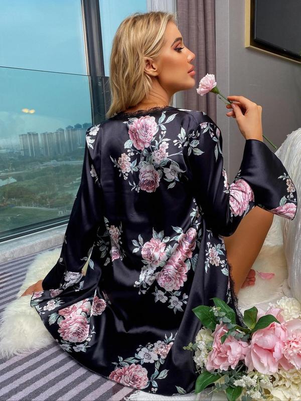 Women's Floral Print Contrast Lace Robe without Pyjamas Set, Chic Flounce Sleeve Belted Dressign Gown, Ladies Sleepwear For Spring & Fall