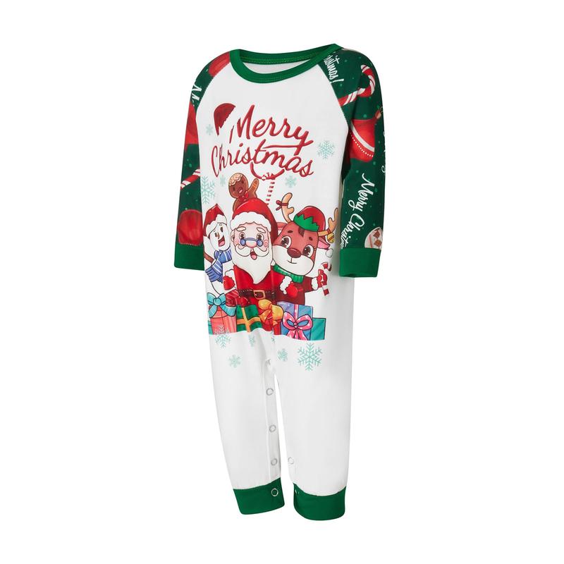 Green Matching Christmas Pajamas For Family Long Sleeve Santa Snowman Reindeer Print Tops + Pants Set Winter Sleepwear