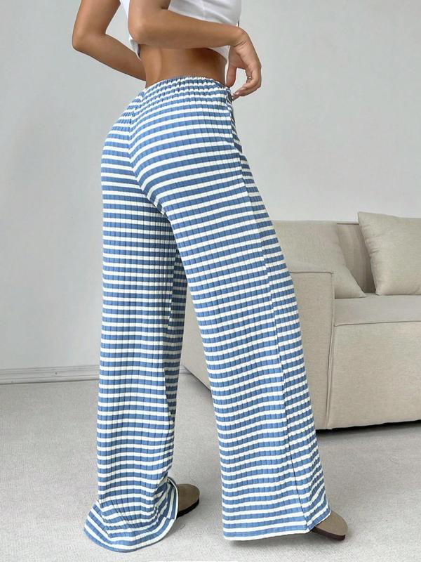 Women's Waffle Knit Striped Print Drawstring Waist Wide Leg Pants, Casual Comfy Trousers for Daily Wear, Ladies Bottoms for All Seasons