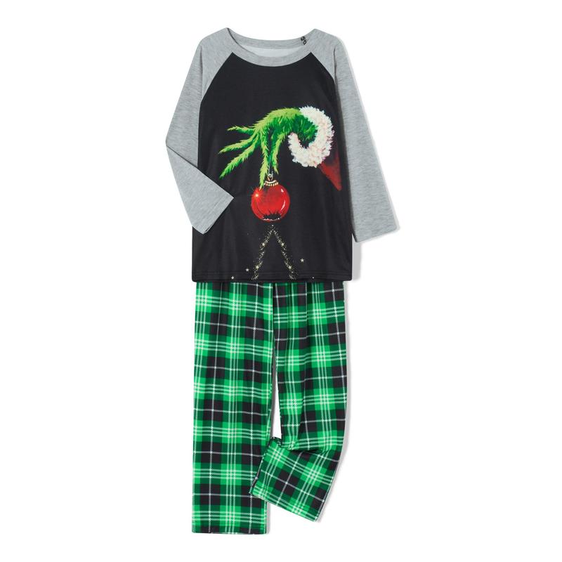 Christmas Family Pajamas Matching Set, Long Sleeve Elf Hand Print Tops with Plaid Pants Sleepwear Loungewear Crewneck Womenswear Clothing Light