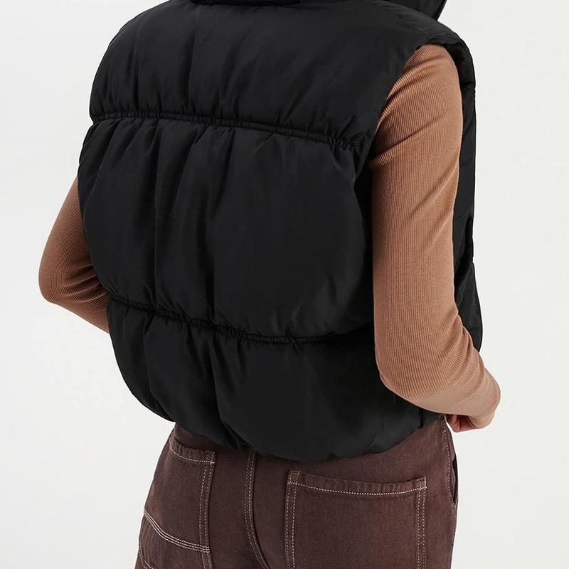 Women's Solid Color Cropped Puffer Vest with Zipper and Standup Collar warm  vest Zip Up Sleeveless Puffer Vest Women's Lightweight zipper vest