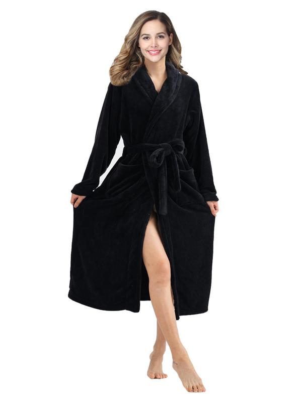 Women's Solid Dual Pocket Belted Flannel Pj Robe, Mean Girls Long Sleeve Shawl Collar Dressing Gown, 2000s Robe，Women's Sleepwear for Fall & Winter, Cold Weather Gear, Robe for Women, Fall Wear, Fallfreshness